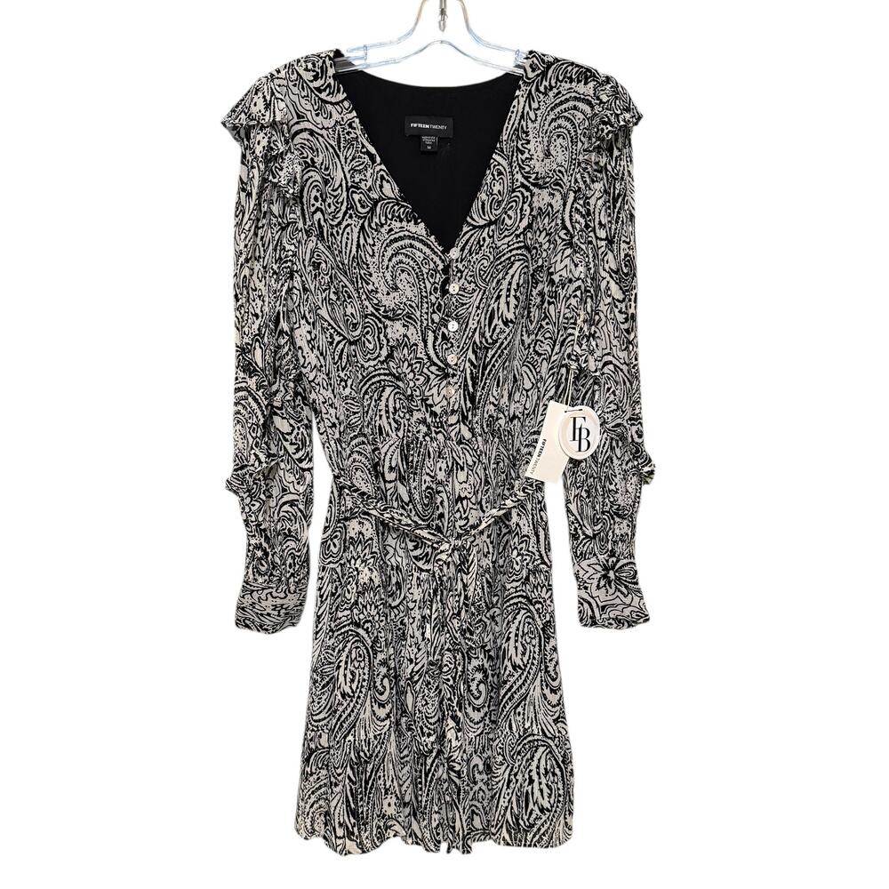 Fifteen Twenty V Neck Black White Paisley Ruffle Sleeve Tiered Mini Dress M